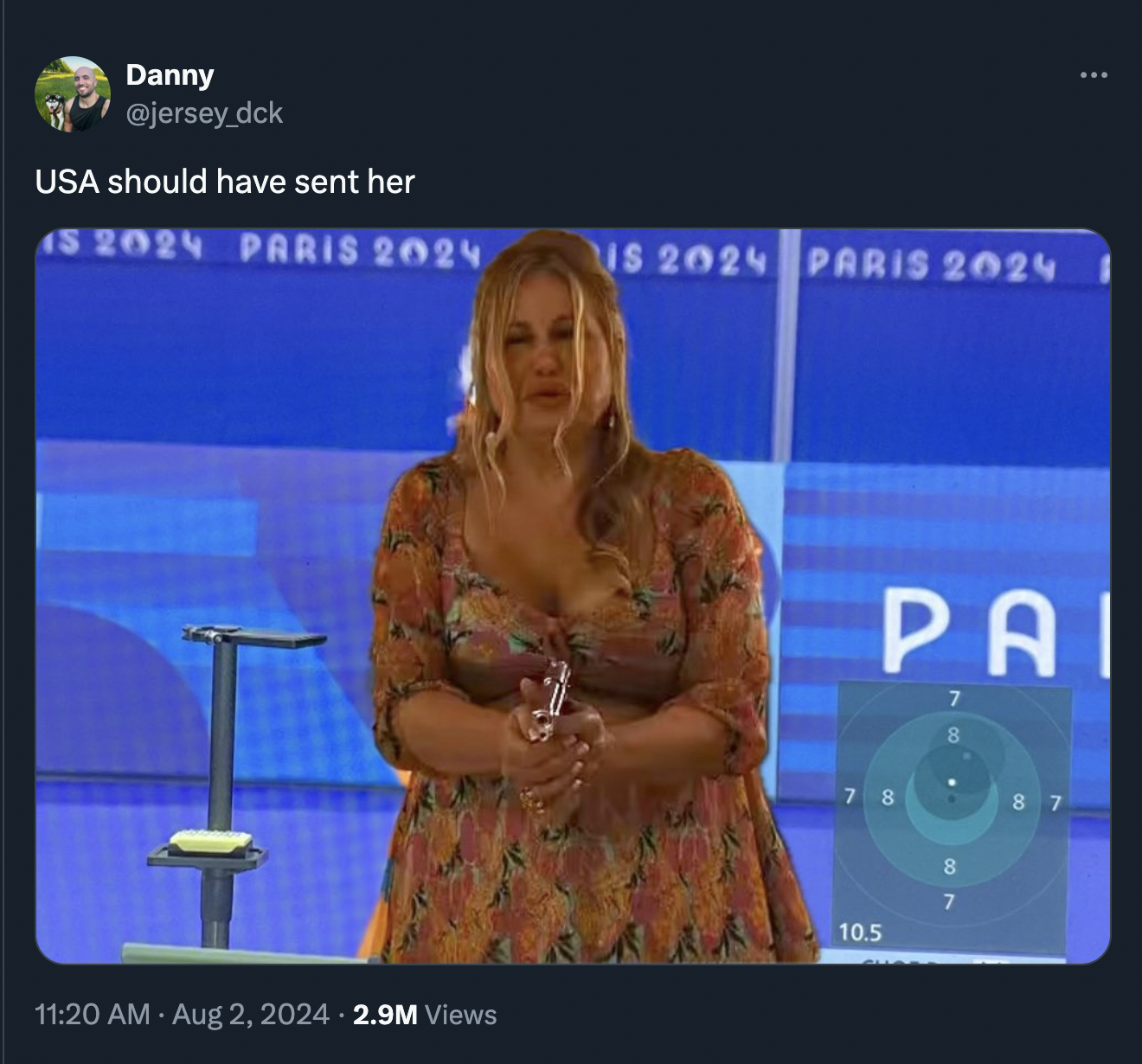 Internet meme - Danny Usa should have sent her 45 2024 Paris 2024 Us 2024 Paris 2024 2.9M Views Pai 78 10.5 8 7